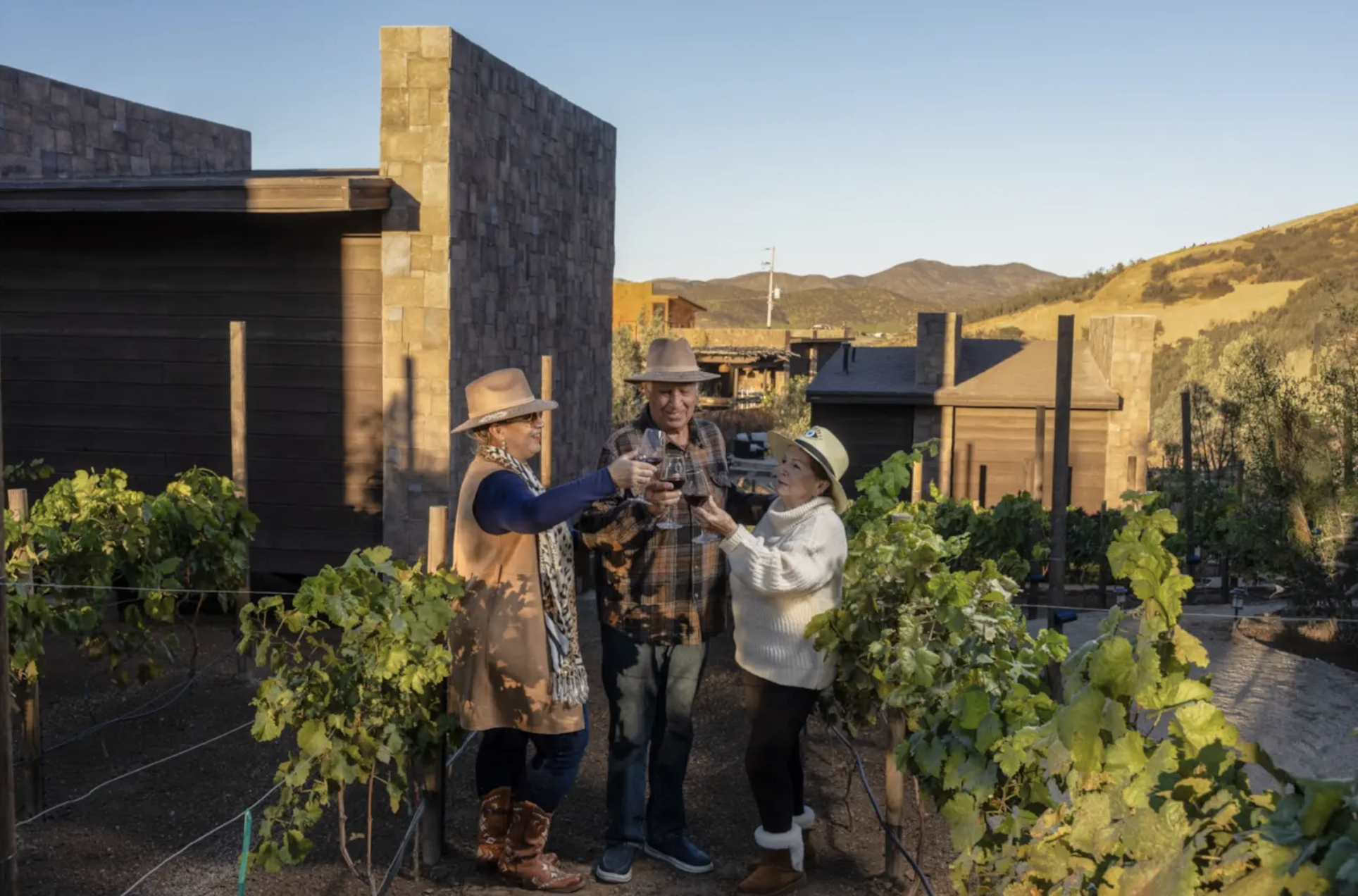 Three guests raising wine glasses for a toast at O2 Resort Valle de Guadalupe while enjoying the Baja California wine country experience