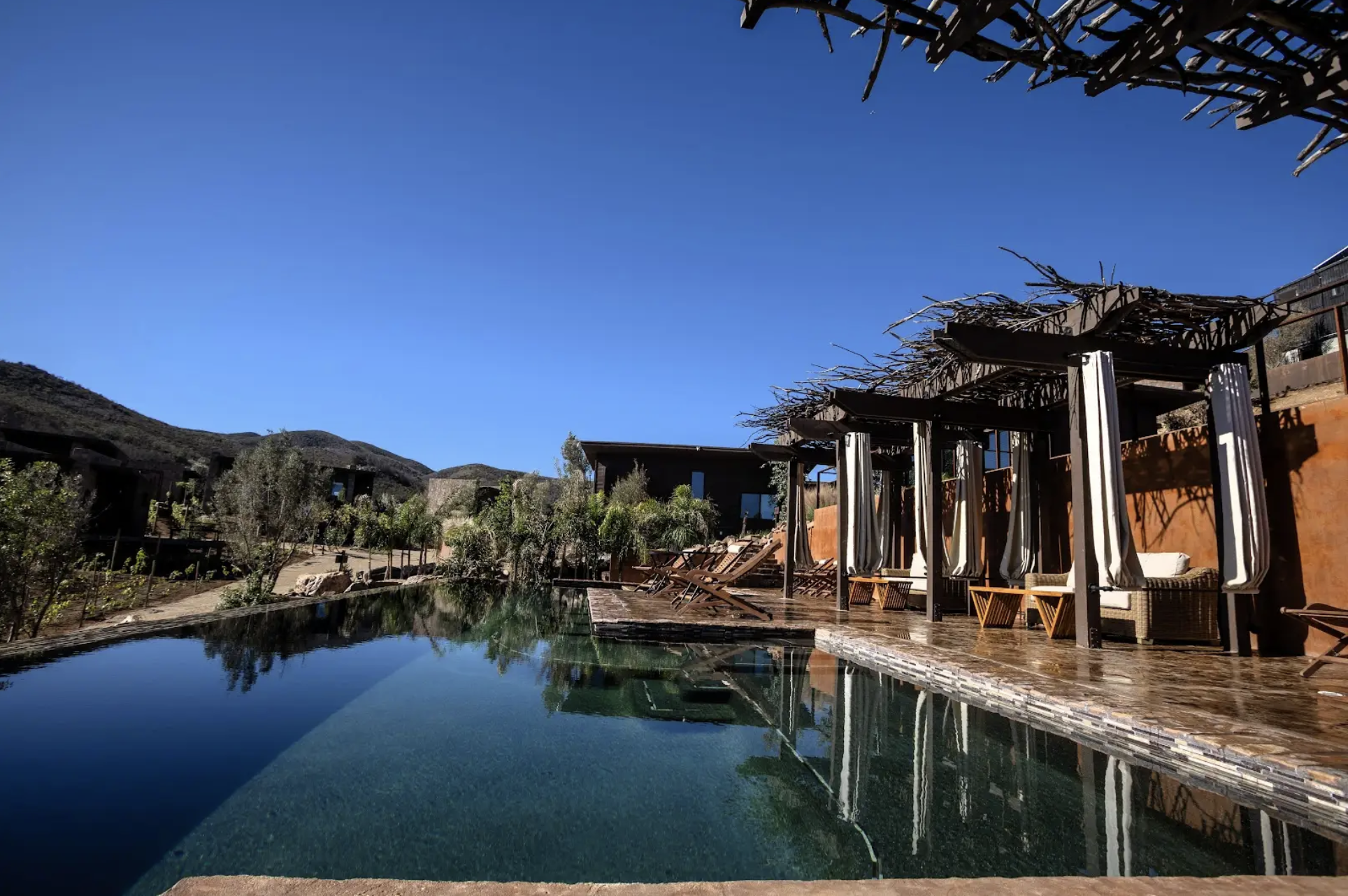 Luxury swimming pool at O2 Resort Valle de Guadalupe offering a relaxing outdoor experience in Baja California wine country