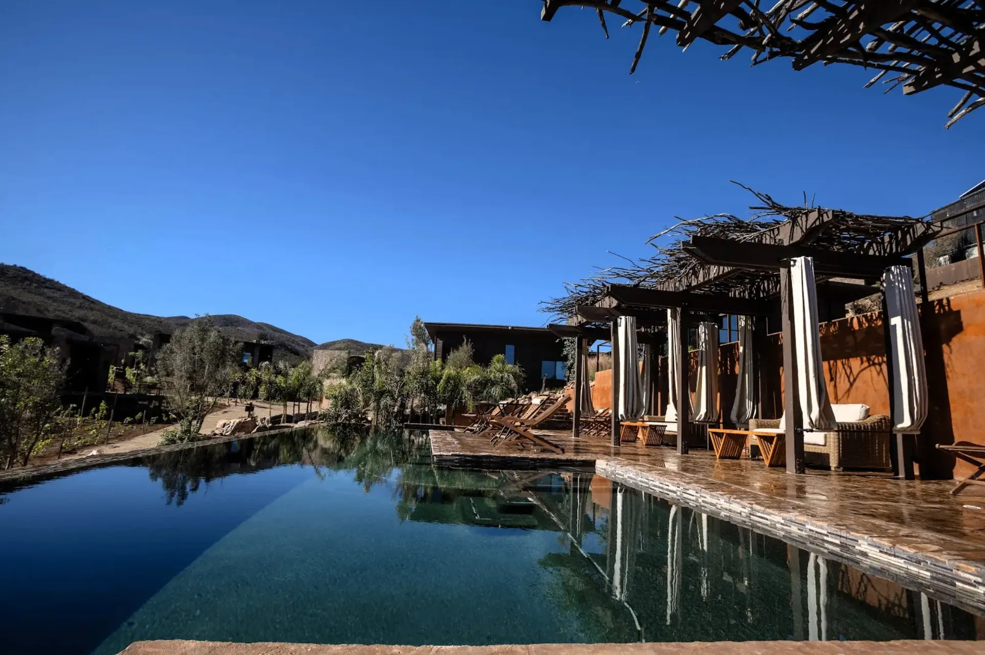 Luxury swimming pool at O2 Resort Valle de Guadalupe offering a relaxing outdoor experience in Baja California wine country