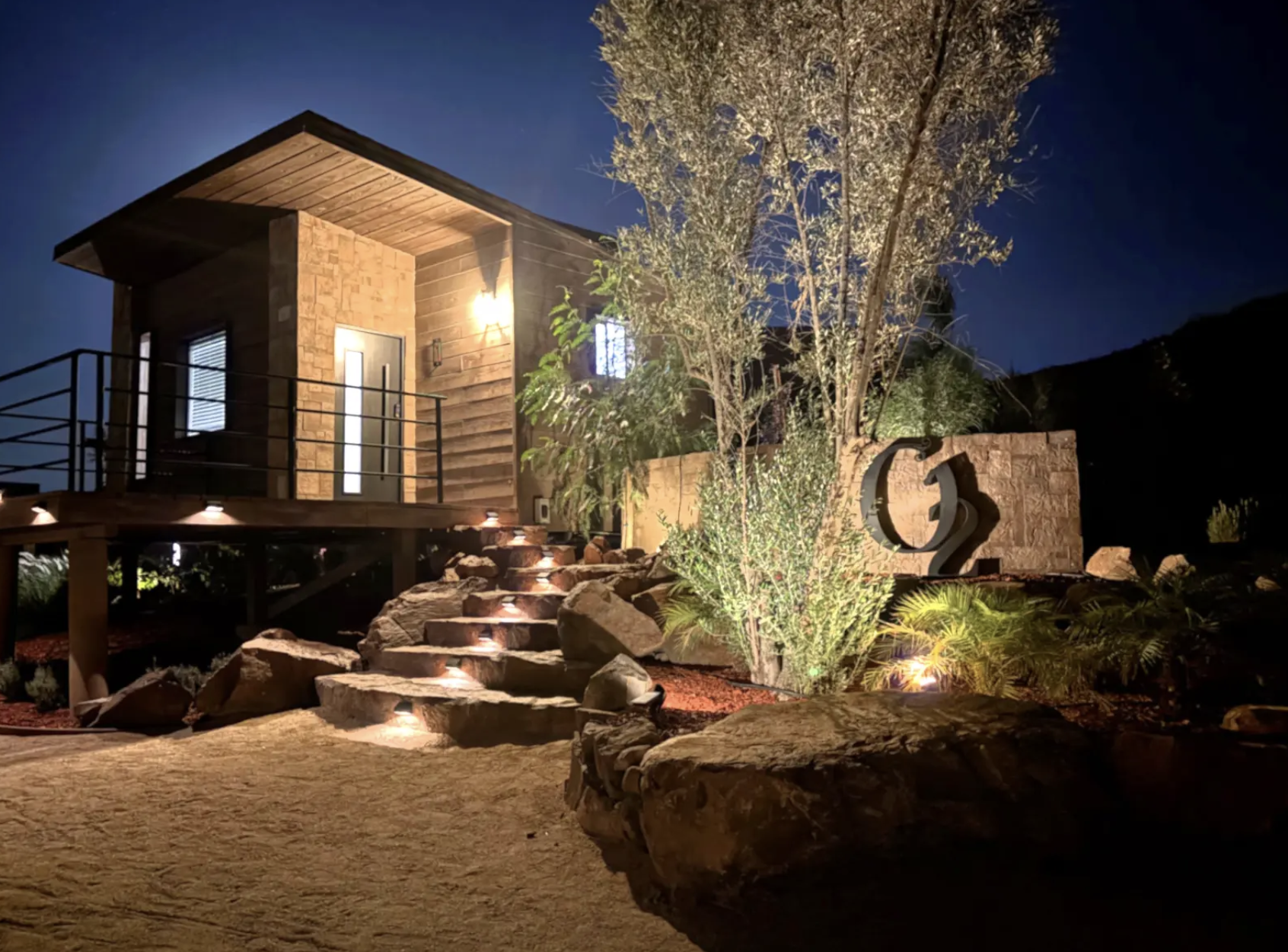 Night view of O2 Resort Valle de Guadalupe showcasing the peaceful resort atmosphere and illuminated surroundings in Baja California wine country